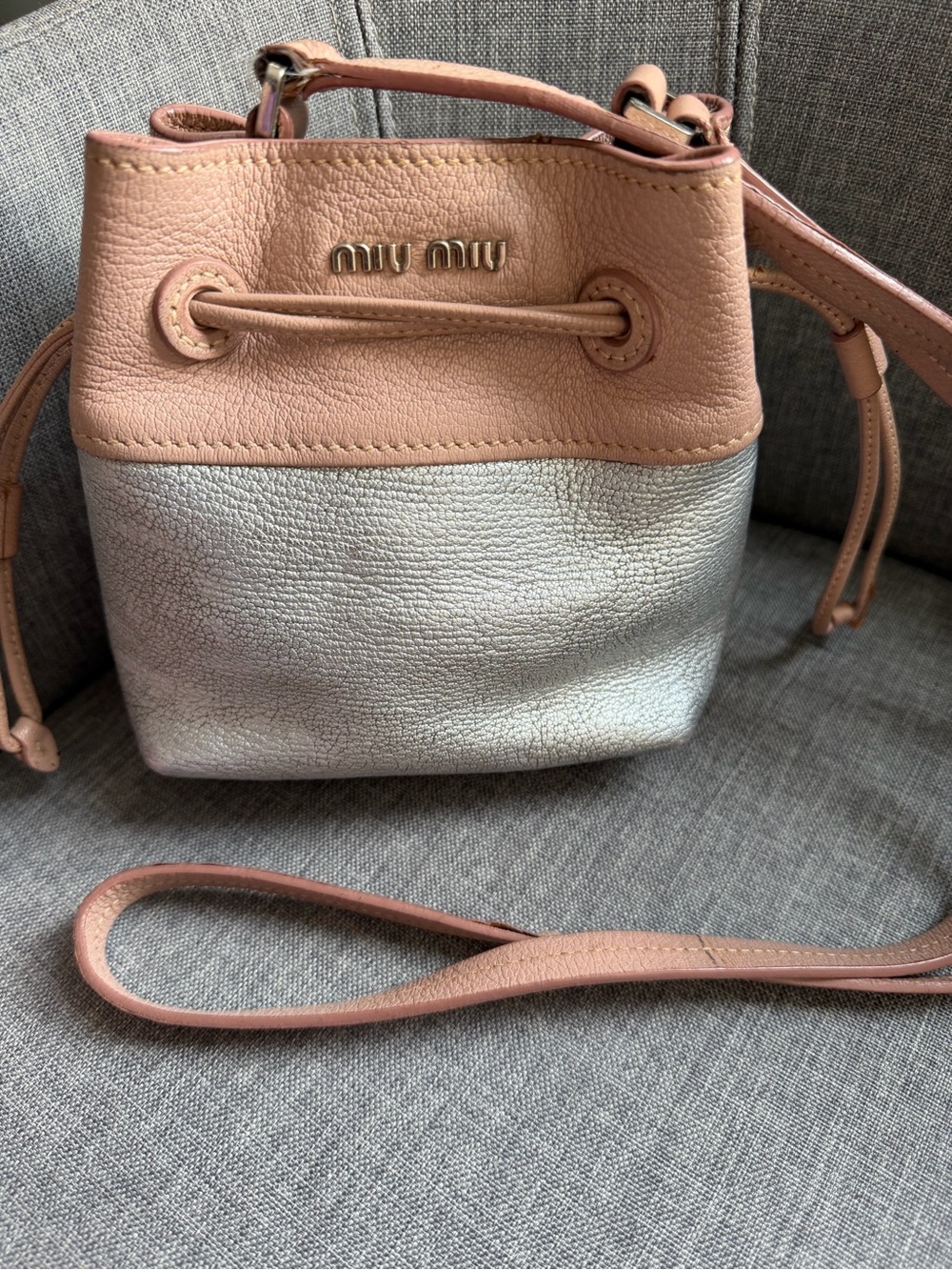 Miu Miu Blush Pink and Silver Leather Drawstring Crossbody
